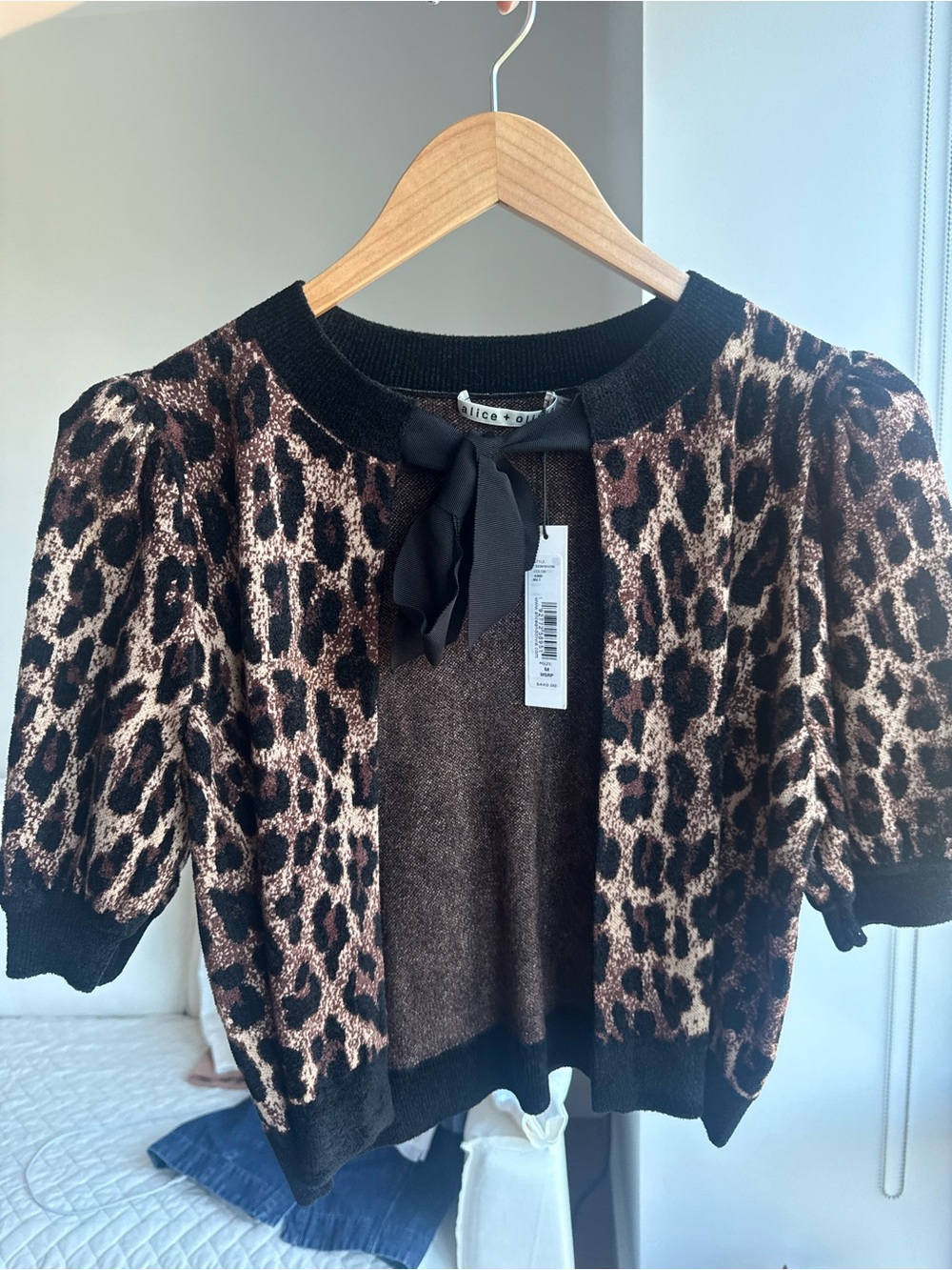 Alice + Olivia Brown and Black Leopard Bow-Front Knit Cardigan
